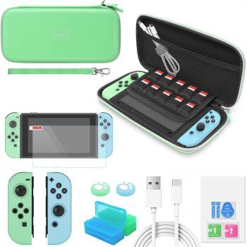 Switch Accessories Bundle - YUANHOT Essential Kit for Nintendo Switch Animal Crossing Edition with Carrying Storage Case, Screen Protector, Joy-Con Protective Cover, Games Holder, Thumb Caps – Green