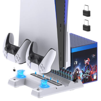 Vertical Stand with Cooling Fan for PS5 Console and Playstation 5 Digital Edition, YUANHOT Charging Station Dock with Controller Charger Ports and Game Storage for PS5 and DualSense-White