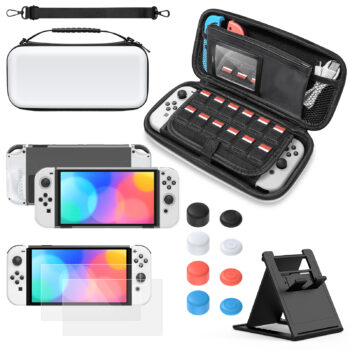 YUANHOT Accessories Bundle Compatible with Switch OLED Including Carrying Case Bag, Protective Case Cover, Tempered Glass Screen Protector, Holder Stand, 12 Game Slots and 8pcs Thumb Grip Caps – White