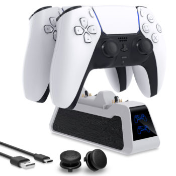 Charger for PS5 DualSense Wireless Controller with Thumb Sticks, YUANHOT Dual Controllers Fast Charging Station with LED Indicator, Charger Station Dock for Sony Playstation 5 Dualsense - White