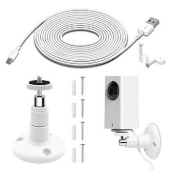 Wall Mount for Wyze Cam Pan Security Camera with 26FT Charging Cable, Wyze Cam Pan Mounting Kit Including Charging and Data Sync Cord, 360 Degree Adjustable Ceiling Mount, and 30 Wire Clips