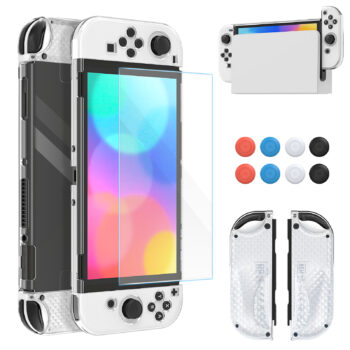 Dockable Case with Screen Protector Compatible with Switch OLED Model, YUANHOT Accessories Protective Case Cover & Tempered Glass Screen Protector & 8 Thumb Grips Replacement for Switch OLED